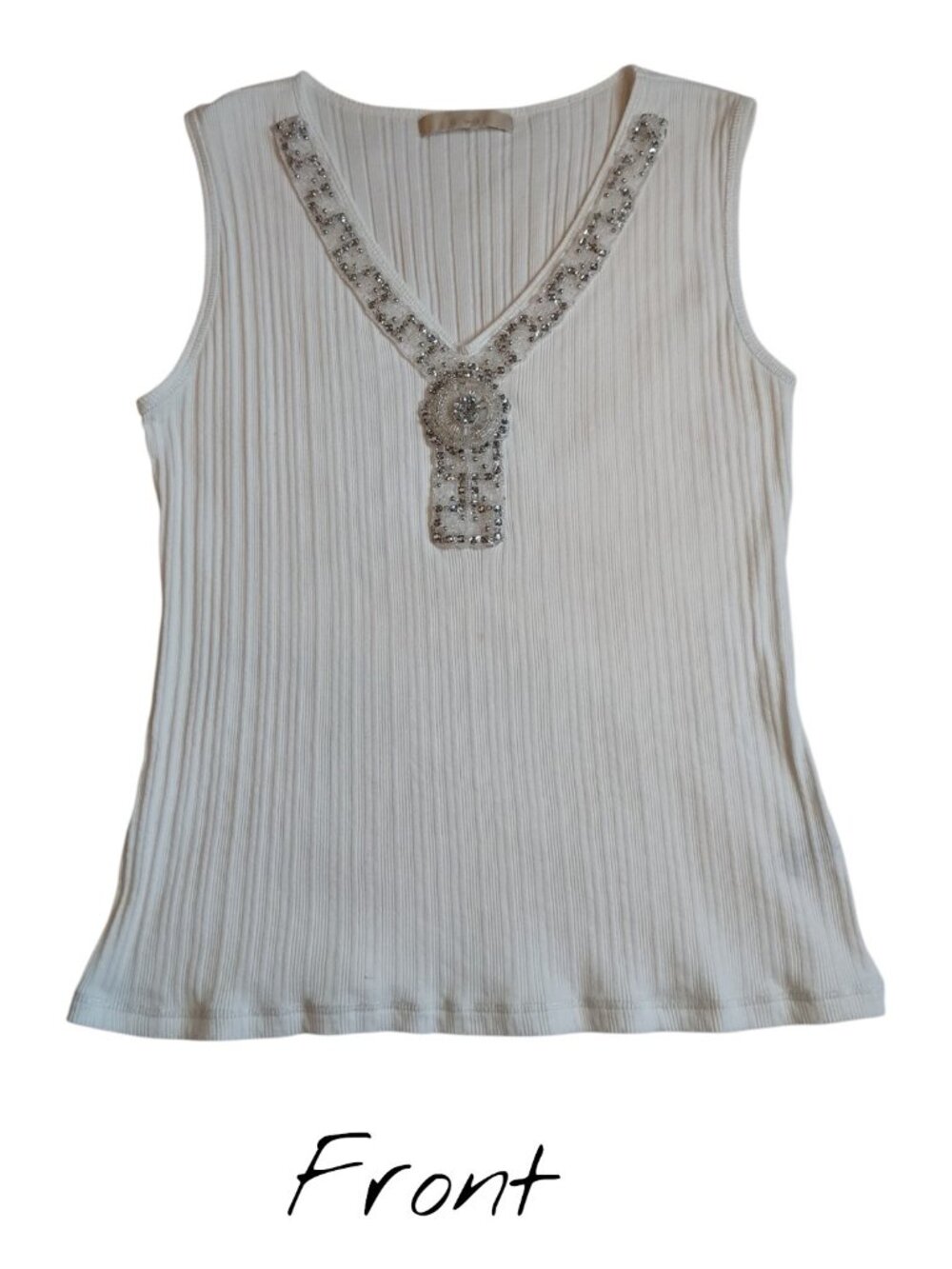 White Ribbed Tank Top Embellishe - Picture 2 of 4
